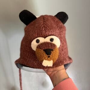 DELUX One Size Beaver Knit Pilot Hat Cap Warm Winter Funny Animals NWT Lined